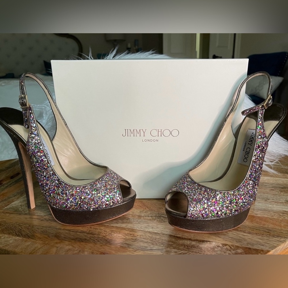 Jimmy Choo Course Glitter multi color peep toe heels